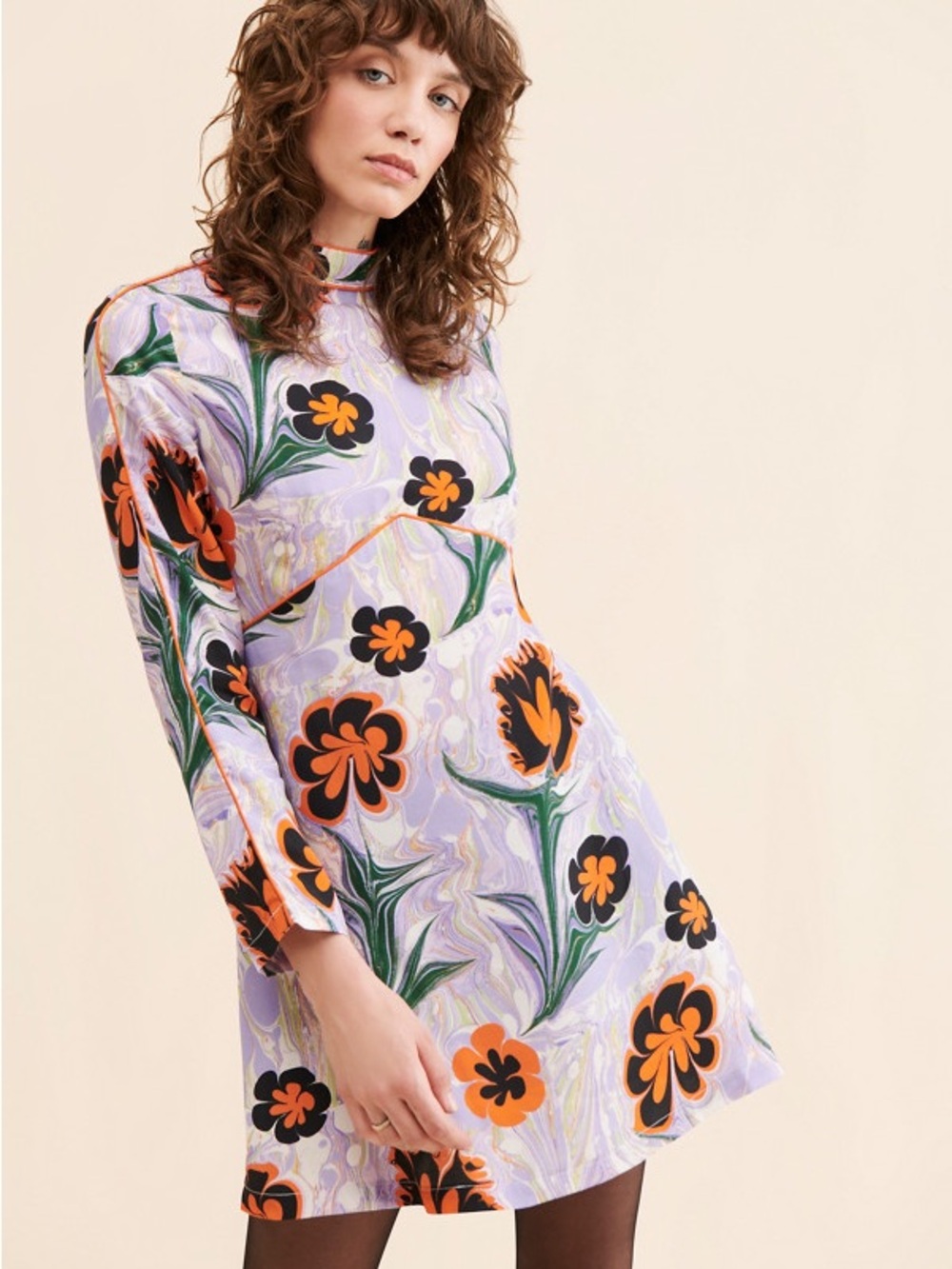 Lilac Floral Mini Dress with Orange & Black Accents